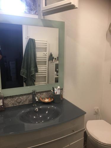 une salle de bain avec un lavabo et un miroir dans l'établissement Maison à la campagne avec piscine, à Éguzon-Chantôme