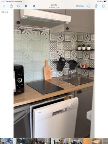 une cuisine avec un évier et un plan de travail dans l'établissement FONT-ROMEU T2 cabine calme et cosy, à Font-Romeu-Odeillo-Via