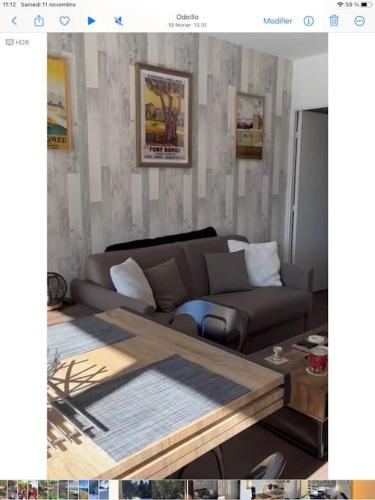 un salon avec un canapé et une table dans l'établissement FONT-ROMEU T2 cabine calme et cosy, à Font-Romeu-Odeillo-Via