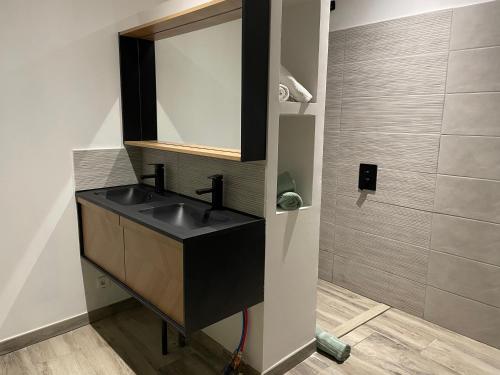 a bathroom with a sink and a mirror at Appartement coquet dans le centre de Mèze in Mèze