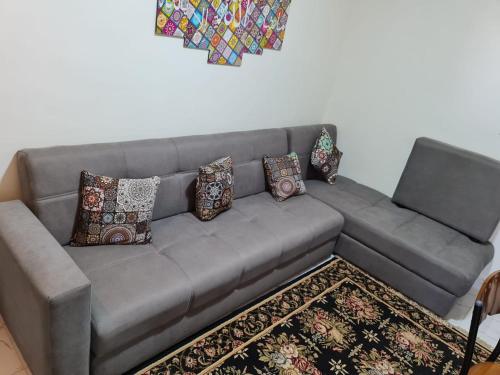 ein graues Sofa mit Kissen im Wohnzimmer in der Unterkunft جولف بورتو مارينا in El-Alamein