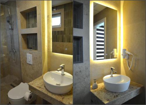 two pictures of a bathroom with a sink and a toilet at Villa Planta in Ohrid
