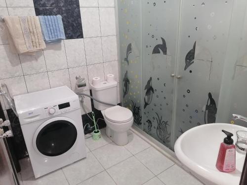 a bathroom with a toilet and a washing machine at Yaso Roof & Apartments in Amman