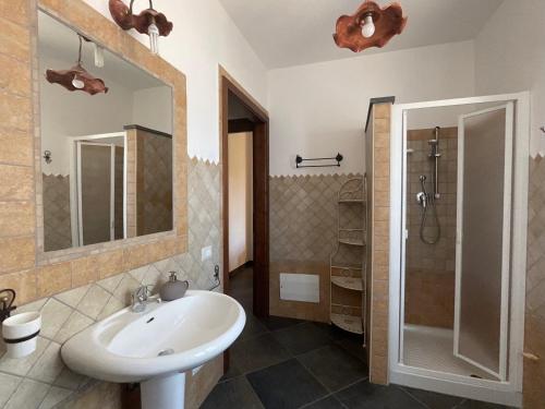 a bathroom with a sink and a shower and a mirror at Residenza di Campagna Dolmen Motorra in Dorgali