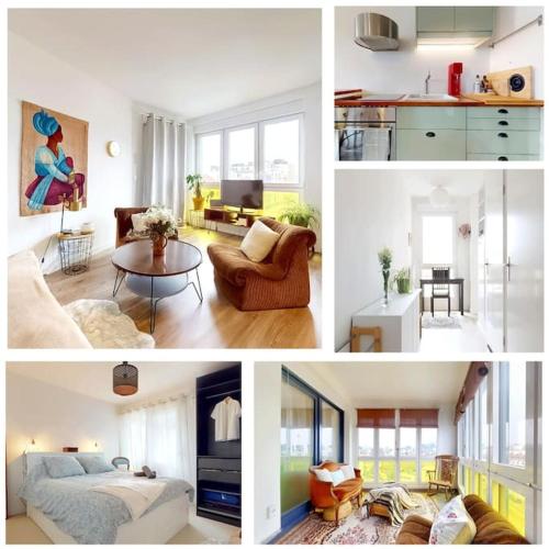 un collage de quatre photos d'un salon dans l'établissement Appartement spacieux avec loggia proche métro, à Saint-Ouen