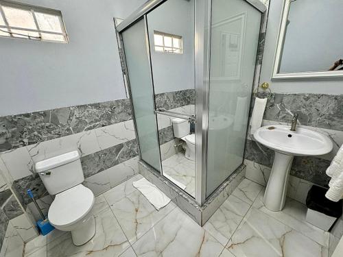 uma casa de banho com um chuveiro, um WC e um lavatório. em Piarco Airport Guest House em Piarco