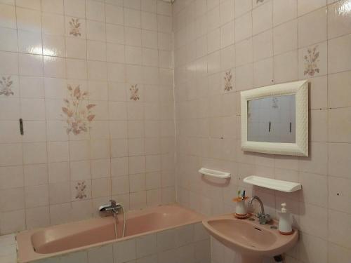 ein Badezimmer mit einer rosa Badewanne und einem Waschbecken in der Unterkunft Brooklyne in Tunis