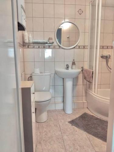 a bathroom with a toilet and a sink and a mirror at Sławików in Rybnik