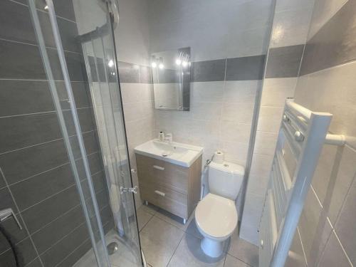une salle de bain avec toilettes, lavabo et douche dans l'établissement Studio cosy avec loggia, proche plage - LA FAVIERE, Bormes - FR-1-308-196, à Bormes-les-Mimosas