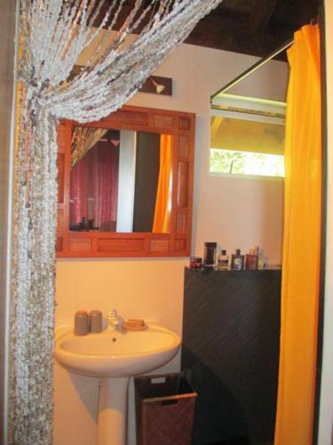 a bathroom with a sink and a shower curtain at TahitiSylvie Home in Aua