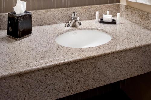 a bathroom counter with a sink in a hotel room at Courtyard By Marriott Hartford Windsor Airport in Windsor