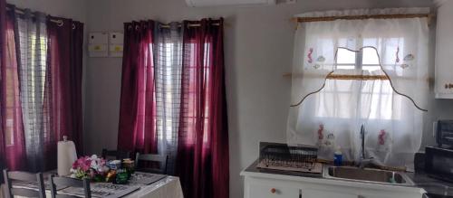 uma cozinha com cortinas vermelhas, uma mesa e um lavatório em Backstreet BNB em Union Island