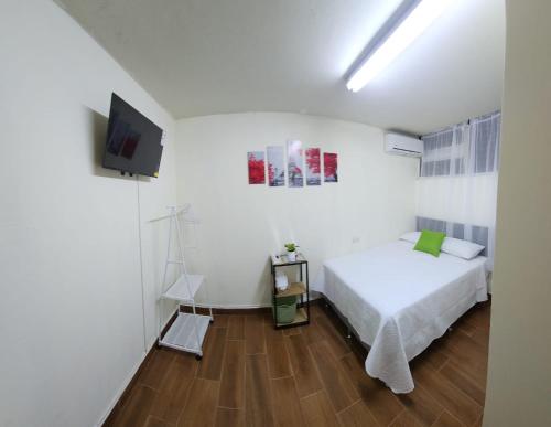 a white bedroom with a bed and a television at Gywel in San Salvador