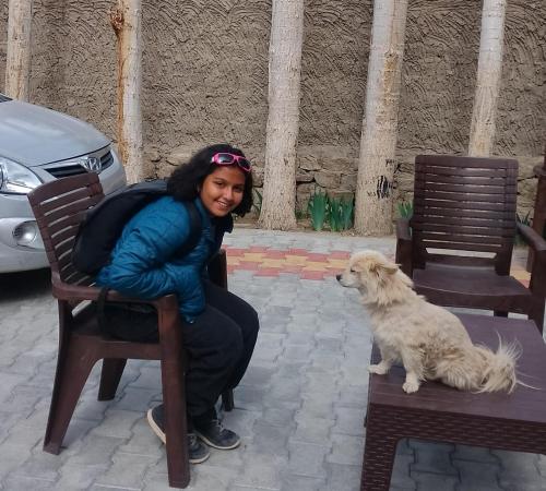 a girl sitting in a chair next to a dog at Rock Castle Residency in Leh