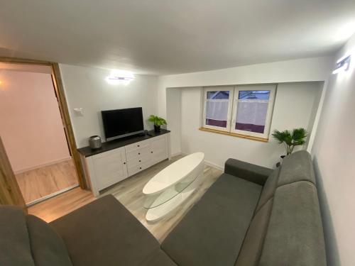 a living room with a couch and a tv at Przemyski Zakątek in Przemyśl