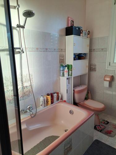 y baño con bañera rosa y aseo. en la chambre de CLEO, en Cannes