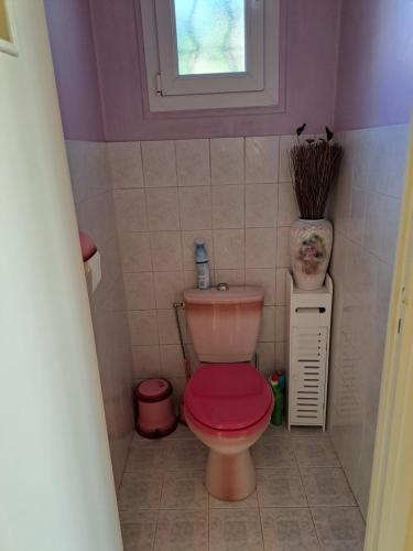 baño con aseo rosa con tapa roja en la chambre de CLEO, en Cannes