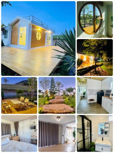 a collage of photos of a house at บ้านไร่ฟ้าสวยวังน้ำเขียว Nordic 01 in Ban Kom