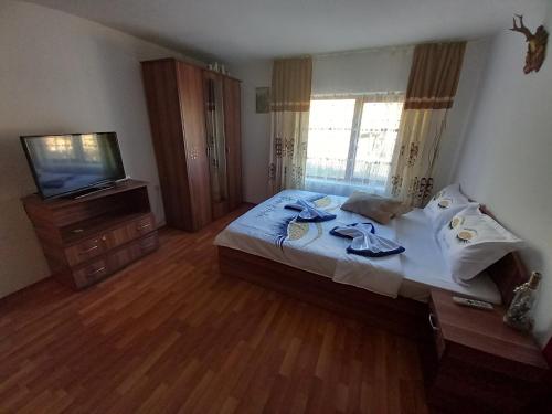 a bedroom with a bed and a flat screen tv at casa de vacanta in Eibenthal