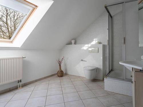a bathroom with a toilet and a shower and a window at Space Comfortable holiday residence in Ostseebad Koserow