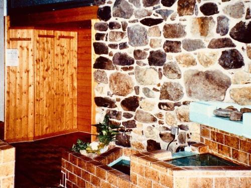 a bathroom with a stone wall with a sink at Ferienwohnung Mester mit Schwimmbad Sauna in Bad Harzburg