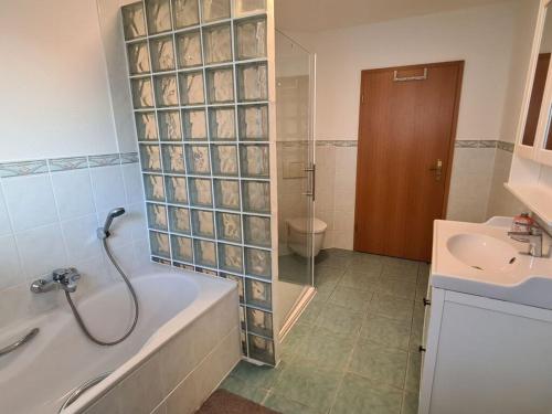 a bathroom with a shower and a tub and a sink at Earth Comfortable holiday residence in Ostseebad Koserow
