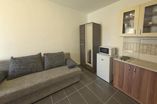 a living room with a couch and a kitchen at Luca Apartman in Sopron