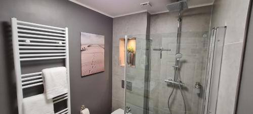 a bathroom with a shower and a glass shower stall at Ferienwohnung am Bibelgarten Sophia in Werlte