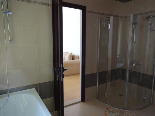 a bathroom with a tub and a shower with a glass door at Guest House Nocturno in Berkovitsa
