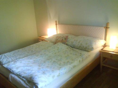 1 cama en un dormitorio con 2 mesitas de noche y 2 lámparas en Koch 2 Comfortable holiday residence, en Artstetten