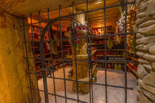 a wine cellar in a building with a metal gate at Krakowiacy i Górale in Krzyszkowice