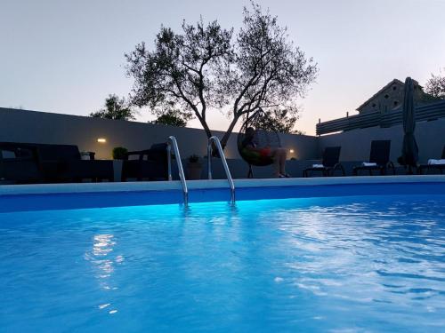 een zwembad met een boom in het midden bij VILLA ANITA in Sveti Filip i Jakov