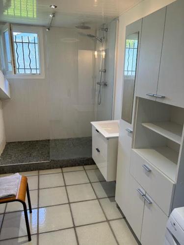 une salle de bain blanche avec une douche et un lavabo dans l'établissement GITE Florence et Francis, à Cuxac-dʼAude