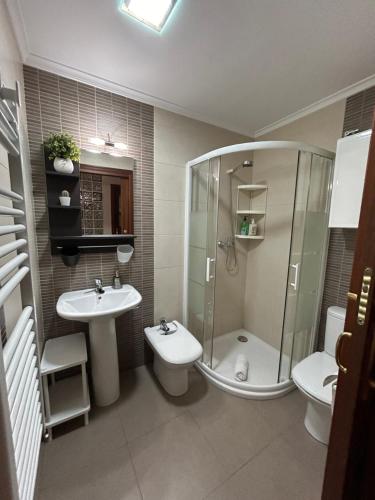 a bathroom with a sink and a shower and a toilet at Acogedor apartamento en Gernika in Guernica y Luno