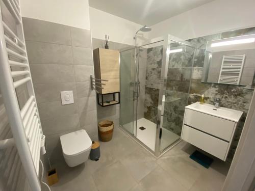 een badkamer met een douche, een toilet en een wastafel bij Piana - vue mer et village in Piana