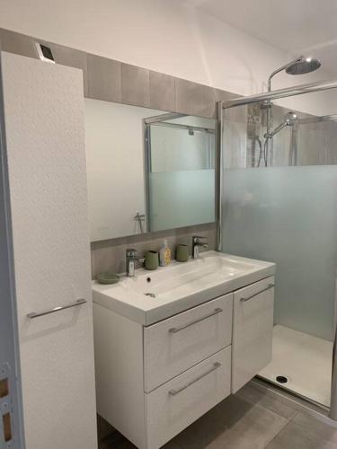 une salle de bain blanche avec un lavabo et une douche dans l'établissement Rez de maison neuve Piscine WiFi Poolhouse en Pierre, à Penta-di-Casinca