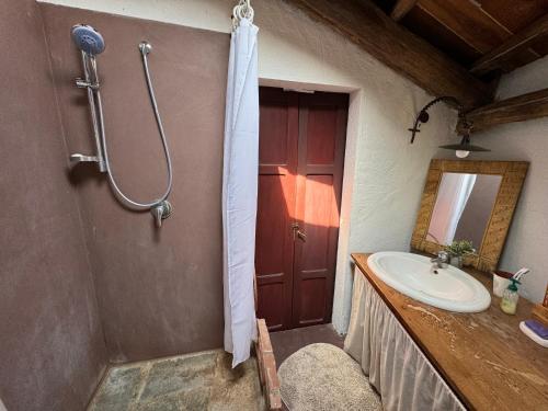 uma casa de banho com um lavatório e um chuveiro em Cascina gnocca VIVERONE avventura em Viverone