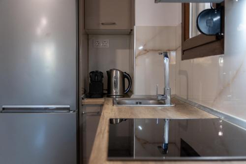 ニキティにあるSithonia RS Olive Luxury Maisonetteのシンクと冷蔵庫のある小さなキッチン