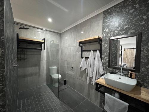 ein Badezimmer mit einem Waschbecken, einem WC und einem Spiegel in der Unterkunft Villa da Lucia in St Lucia