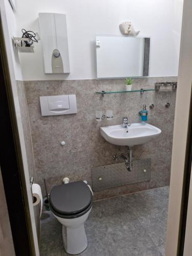 un baño con inodoro y lavabo en Bungalow Loos, en Butjadingen