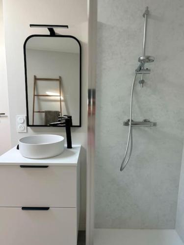 une salle de bain avec une douche avec un lavabo et un miroir dans l'établissement La Maison Mer Villa familiale pour 8 proche de la plage, à Jard-sur-Mer