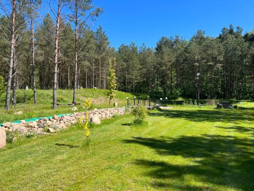 a grassy field with a stone wall and trees at Domek w Borach Tucholskich z balia ogrodowa in Zamrzenica