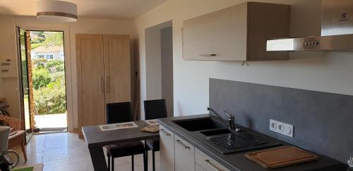 une cuisine avec un évier et un plan de travail dans l'établissement Studio meublé 3 étoiles, au Lavandou