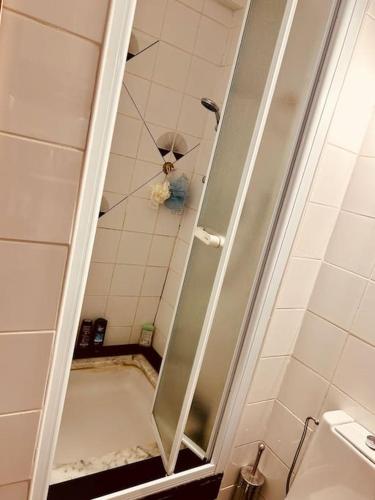 a shower with a mirror in a bathroom at Maison avec jardin, 3 chambres in Clavier