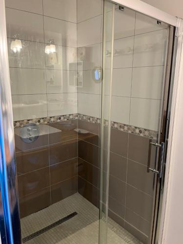 une douche avec une porte vitrée dans une salle de bain dans l'établissement Charmante maison landaise, à Soustons