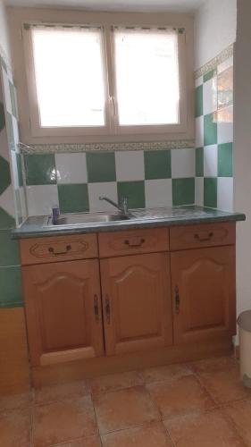 eine Küche mit einem Waschbecken und zwei Fenstern in der Unterkunft Oustals De Lavail in Ascou
