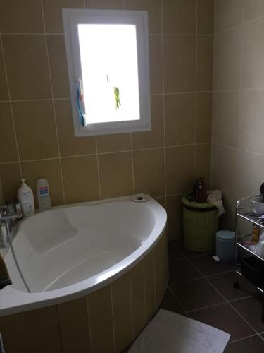 une baignoire dans une salle de bain avec une fenêtre dans l'établissement Maison avec piscine à la campagne, à Saint-Géry