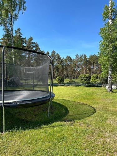 an empty trampoline in the grass in a park at Bałtyckie Zacisze Kopalino in Kopalino