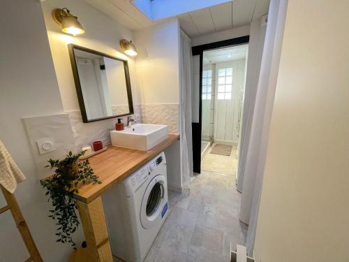 une salle de bain avec une machine à laver et un lavabo dans l'établissement Maison cosy et atypique, à Arzens