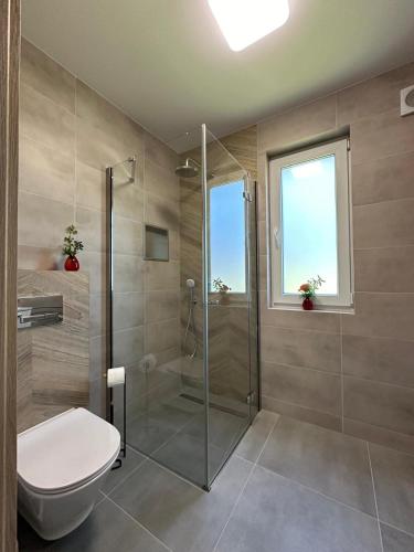 a bathroom with a shower stall and a toilet at Bałtyckie Zacisze Kopalino in Kopalino